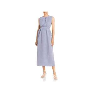 AVA & ESME Womens Navy Tie Seersucker Side Cutouts Sleeveless Midi Dress L